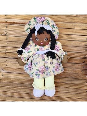 Vintage 1995 African American little girl plush doll floral dress